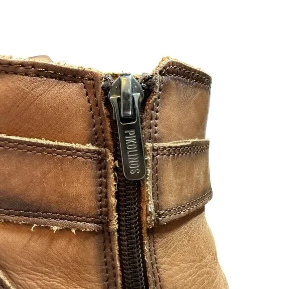 Pikolinos Leather Ankle Boots Cognac Brown Block Heel Zip Strap Detail Size 39 - Picture 7 of 12